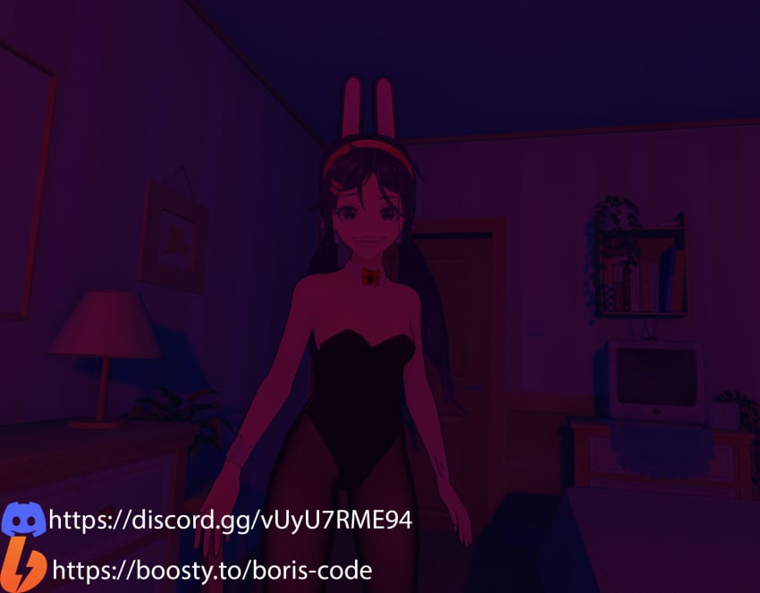 1female 1girls blush breasts bunny_ears bunny_tail bunnysuit crazy_eyes crazy_mita_(miside) crazy_smile cute cute_girl dark_purple_hair feet female female_focus female_only game_cg game_mod girl hairband indigo_hair light-skinned_female light_skin miside mita_(miside) mod ponytail purple_hair solo_female standing tagme