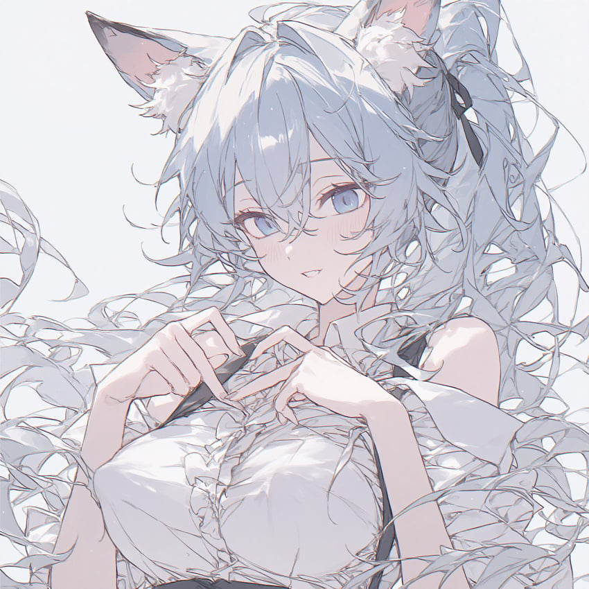 1girls agamou ai_generated aigbrea bare_shoulders black_hair_ribbon blue_eyes blue_hair blush ear_tuft fox_ears fox_girl fox_tail heart_symbol long_hair medium_breasts messy_hair nipple_bulge ponytail simple_background smile tagme