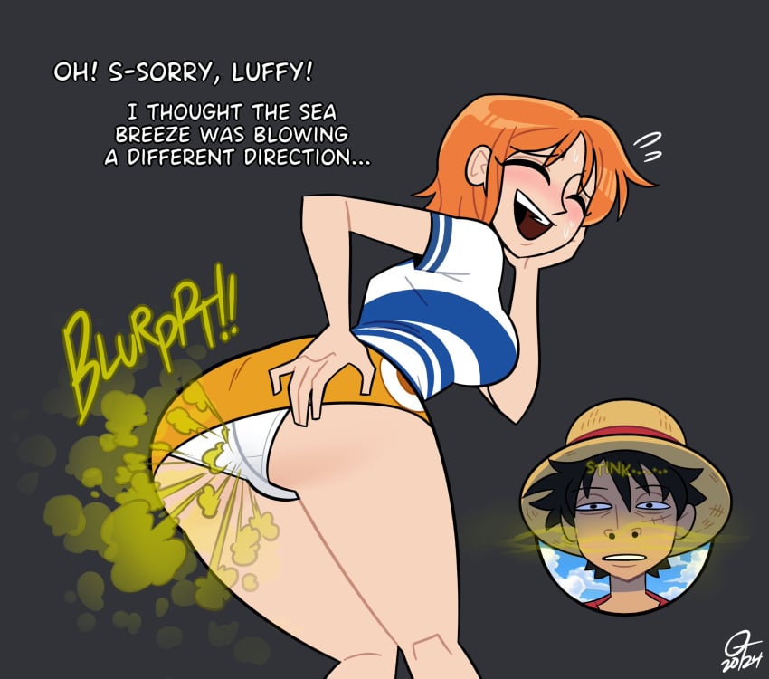 big_ass black_hair clothing embarrassed fart fart_fetish farting female male monkey_d_luffy nami nami_(one_piece) oddtenn one_piece orange_hair