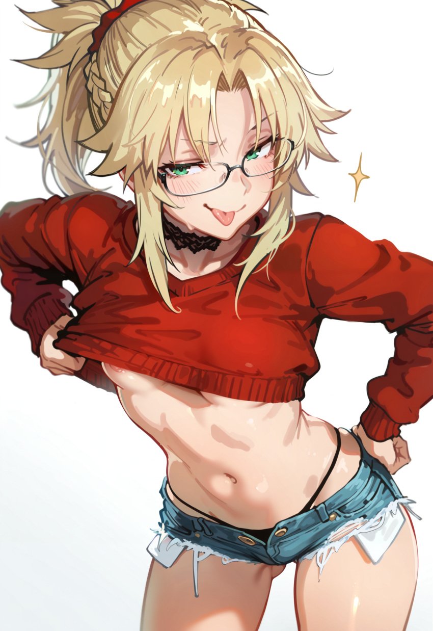 2d ai_assisted ai_generated ass_visible_through_thighs blonde_hair breasts breasts_out clothes_lift clothes_pull cropped_sweater exposed_pocket fate/apocrypha fate/grand_order fate_(series) glasses green_eyes hi_res icosilveraiart long_hair looking_at_viewer micro_shorts mordred_(fate) mordred_(fate/apocrypha) navel nipples ponytail self_upload small_breasts smug stomach tagme thong tongue tongue_out