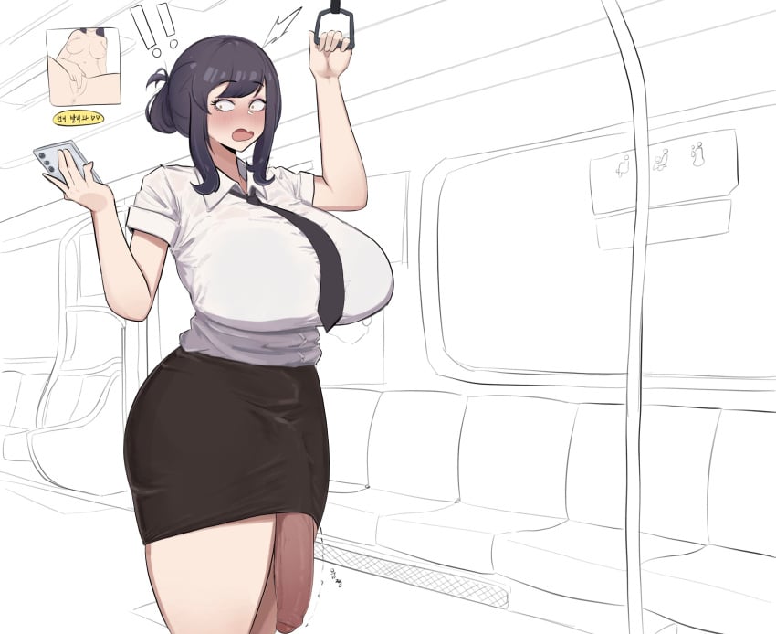 1futa 2023 71er big_breasts big_penis black_hair breasts clothed clothing flaccid futa_only futanari getting_erect huge_cock human korean light-skinned_futanari light_skin mostly_clothed office_lady pencil_skirt penis public public_exposure public_transportation short_hair solo standing texting thick_thighs train wide_hips