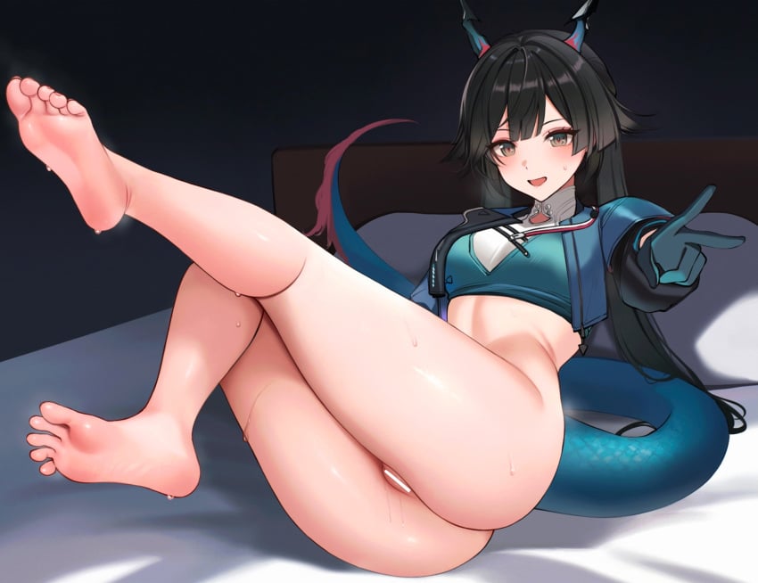 arknights arknights:_endfield ass ateoyh bar_censor barefoot bed_sheet black_gloves black_hair blue_horns blue_jacket blue_tail blush bottomless brown_eyes censored chen_qianyu_(arknights) commentary_request crop_top dragon_girl dragon_horns dragon_tail eastern_dragon_tail feet female gloves grey_gloves hand_up highres horns indoors jacket legs_up long_sleeves looking_at_viewer multicolored_tail no_pants on_bed open_mouth pussy red_tail smile solo sweat tail thighs toes twintails two-tone_gloves v