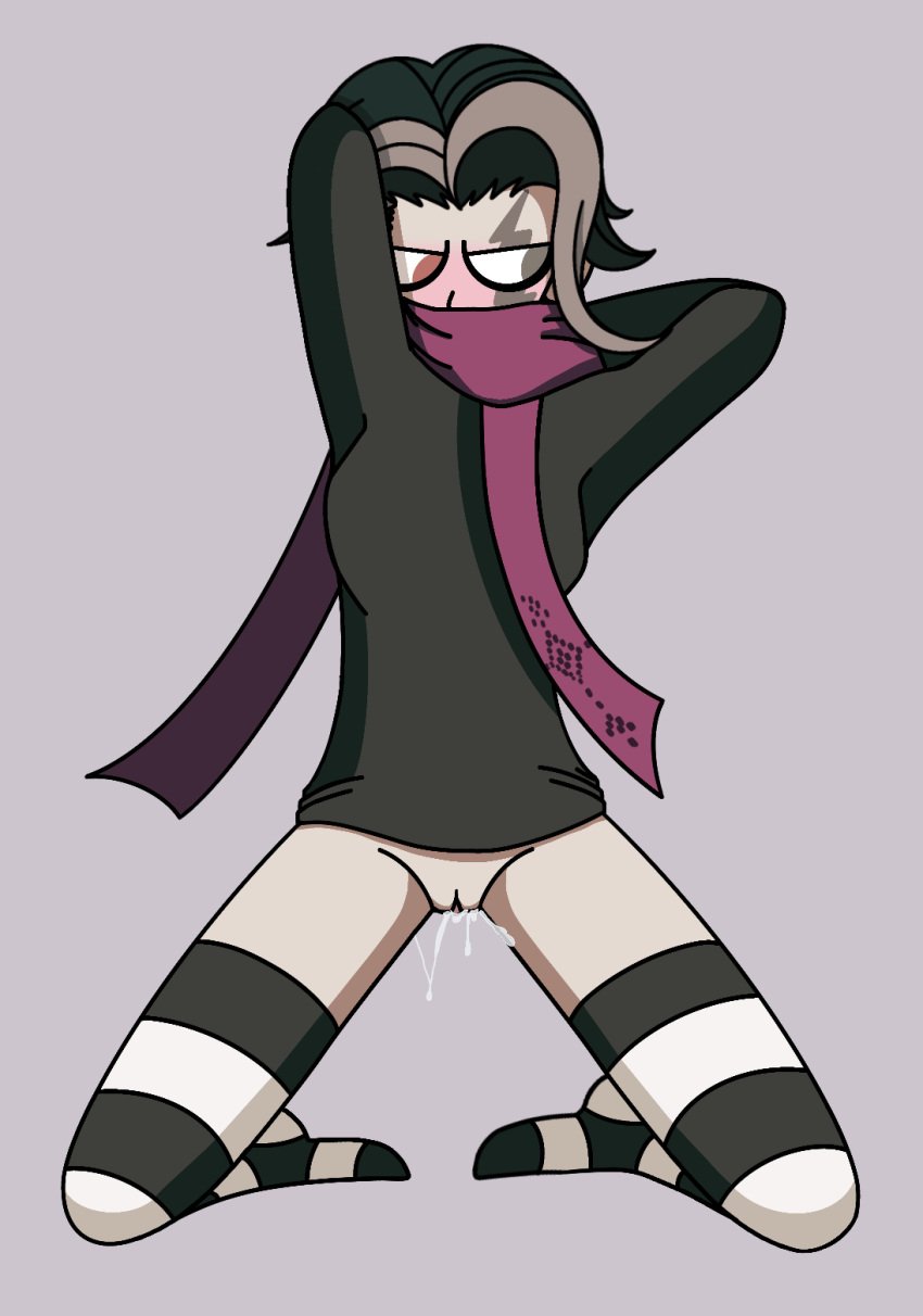 1cuntboy arms_behind_head black_and_white_socks black_hair black_shirt blush bottomless bottomless_cuntboy cuntboy cuntboy_only danganronpa danganronpa_(series) danganronpa_2 danganronpa_2:_goodbye_despair embarrassed eye_scar gray_eyes grey_eyes gundham_tanaka heterochromia looking_away pale-skinned_male pale_skin precum precum_drip precum_string presenting_pussy procreate procreate_(medium) procreate_(software) purple_scarf pussy pussy_juice pussy_juice_drip red_eyes solo solo_cuntboy striped_legwear striped_socks sunset_synth super_danganronpa_2 super_danganronpa_2:_goodbye_despair tanaka_gundham two-tone_hair two_tone_hair undercut vagina vaginal_fluids vaginal_juices wet_pussy