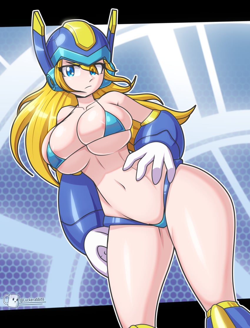 1girls 20xx alternate_version_available android armor armored_gloves barely_covered barely_covered_breasts barely_covered_pussy bikini blonde_hair blue_eyes breasts breasts_squish female hand_on_hip helmet looking_down_at_viewer luckerabbit6 luckerabbit9 micro_bikini mrlucke nina_(20xx) nipple_slip robot_girl