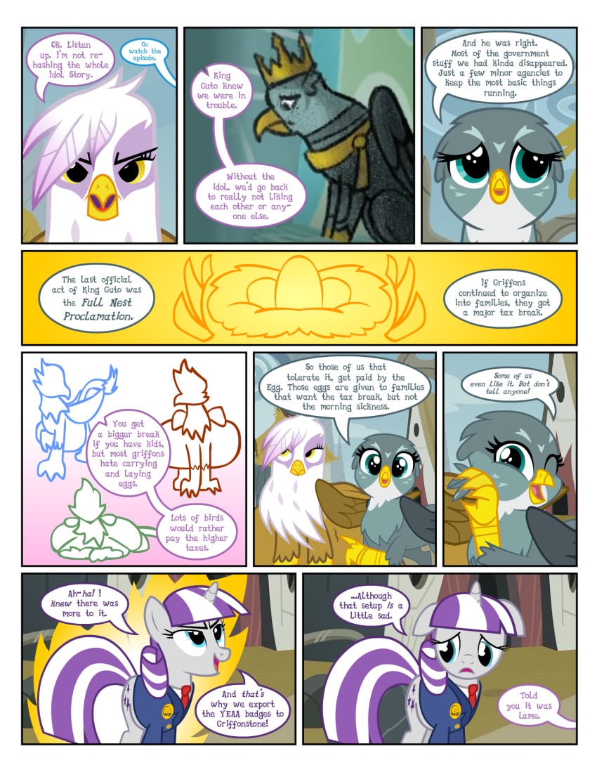 egg english_text excited female flashequestria gabby_(mlp) gilda_(mlp) government griffonstone king_guto_(mlp) large_belly my_little_pony nest one_eye_closed pregnant sad text twilight_velvet_(mlp) wink yeaa_(comic)