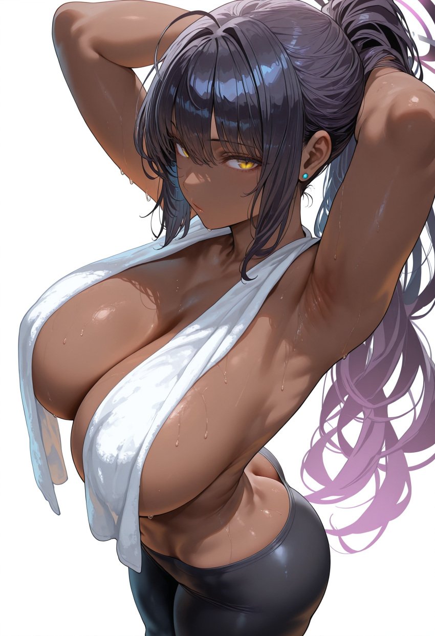 1girls ai_generated black_hair blue_archive breasts dark-skinned_female dark_skin female flyingpancake hi_res hips huge_breasts karin_(blue_archive) long_hair thick_thighs thighs wide_hips