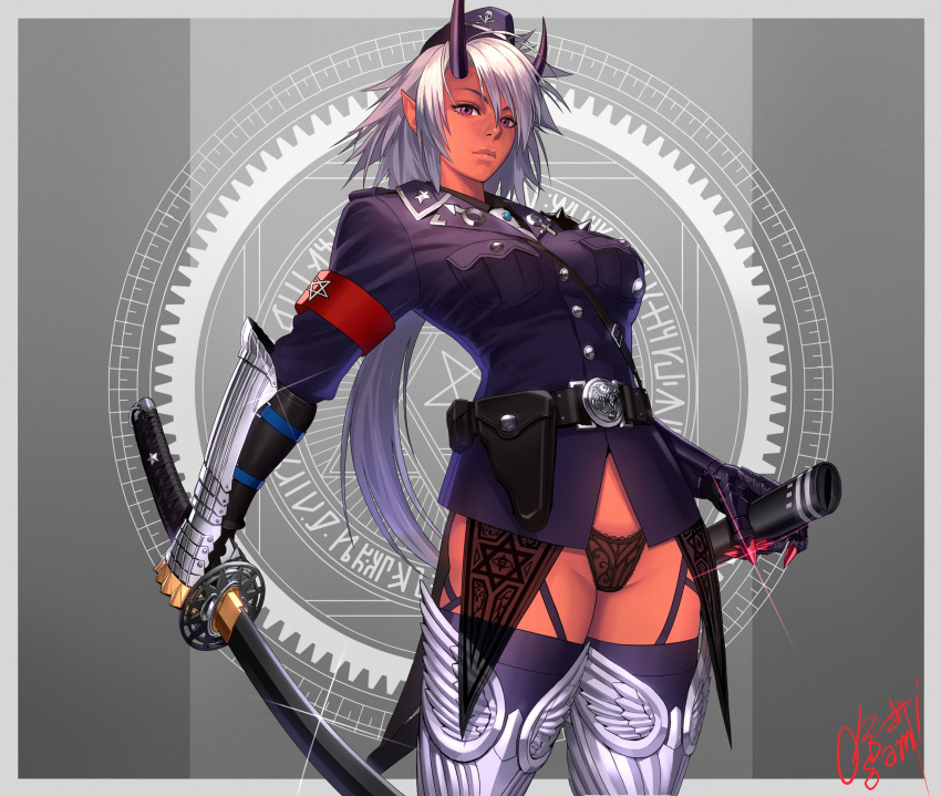 abstract_background dark_skin demon_girl garter_straps gauntlets katana lingerie ogami standing uniform white_hair