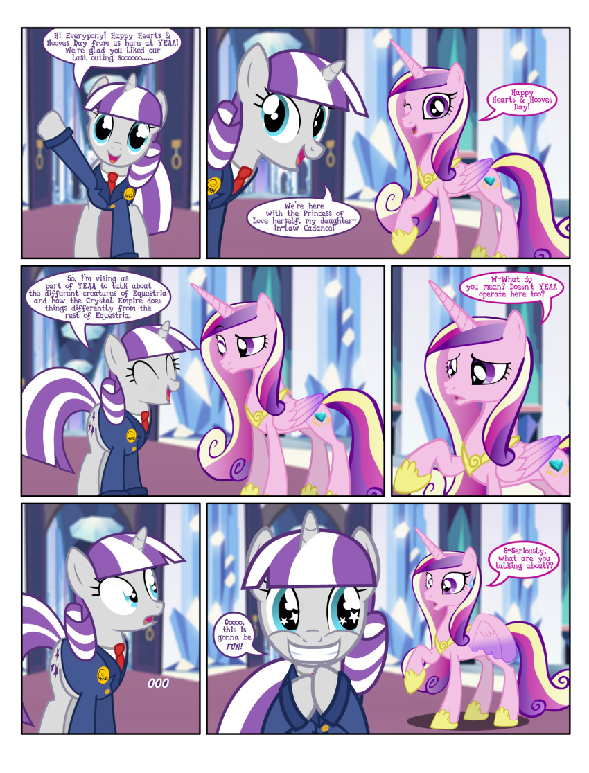 alicorn clothing comic confused dialogue english_text flashequestria hearts_and_hooves_day jacket looking_at_viewer my_little_pony pony princess_cadance_(mlp) speech_bubble starry_eyes text twilight_velvet_(mlp) unicorn wingding_eyes yeaa_(comic)