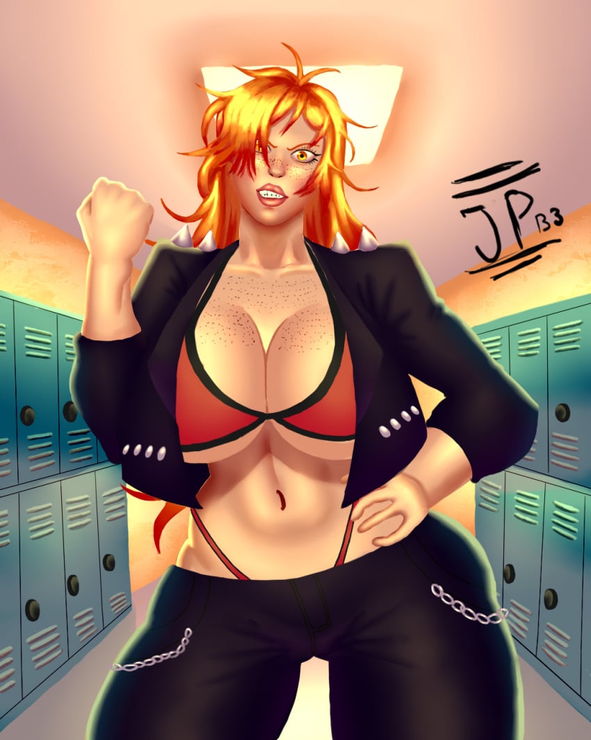 abs bikini_top cameltoe chains freckles freckles_on_breasts freckles_on_face huge_breasts huge_breasts juanpib3_art lockers nerd_and_jock_(webcomic) thong thong_straps tiger_(nerd_and_jock)