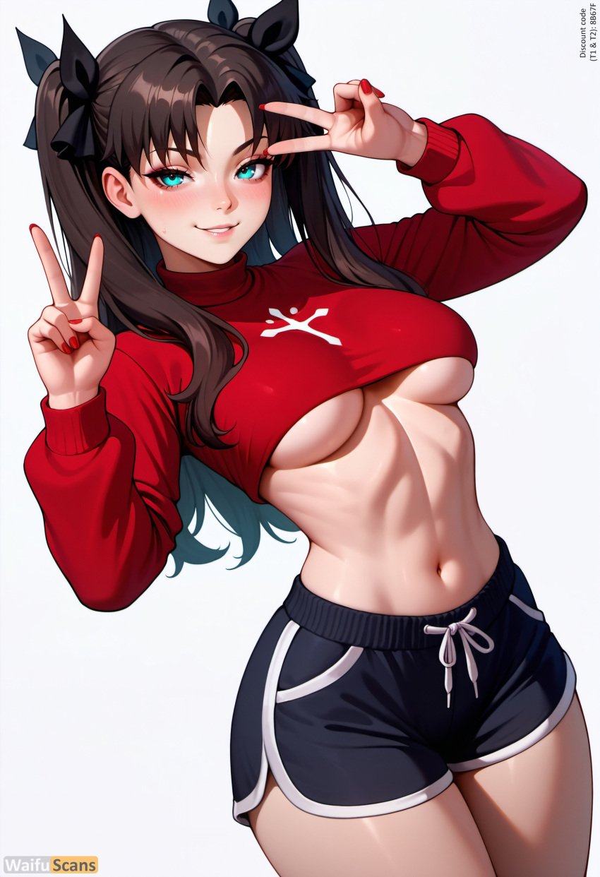 ai_generated aqua_eyes artist_name bangs black_hair black_ribbon black_shorts blue_eyes blush breasts brown_hair cowboy_shot dolphin_shorts double_v fate_(series) female hair_ribbon hands_up high_resolution highres long_hair long_sleeves looking_at_viewer medium_breasts midriff nail_polish navel parted_bangs parted_lips red_nails red_sweater ribbon shiny short_shorts shorts simple_background smile solo stable_diffusion stomach sweater thighs tohsaka_rin toned turtleneck two_side_up underboob v waifuscans418 white_background