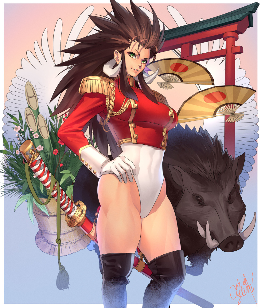 animal boar female gloves hand_on_hip katana leotard long_hair ogami uniform