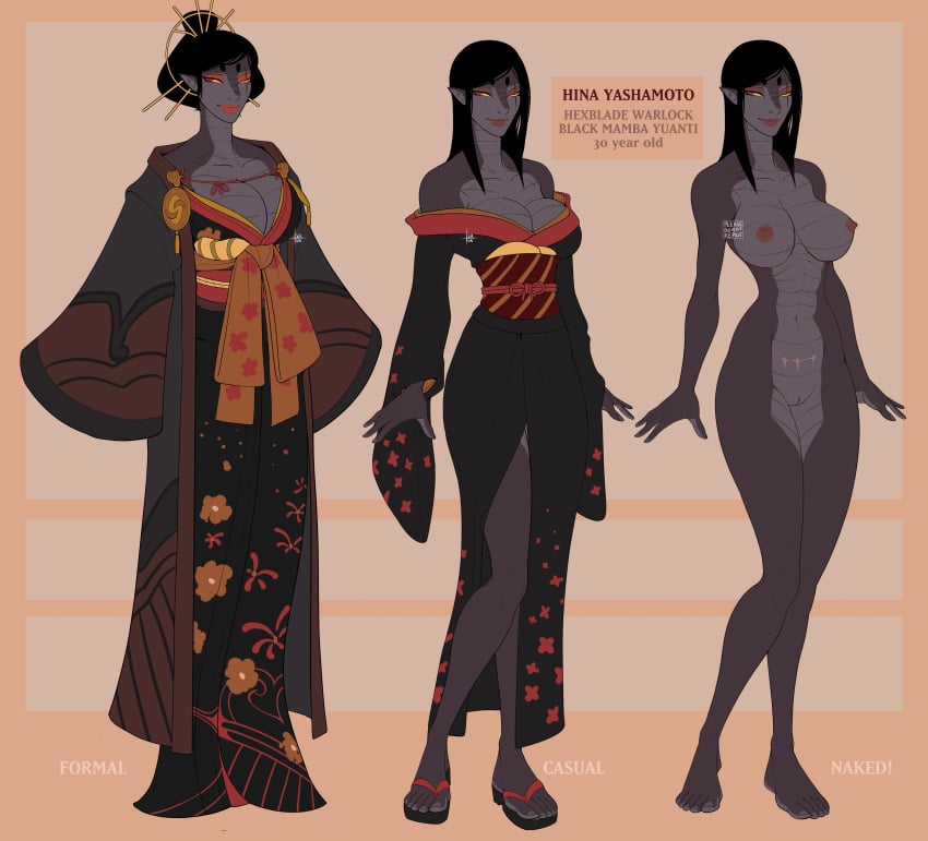 completely_nude dungeons_and_dragons fully_clothed hina_(ishton) ishton kimono nipples pussy reference_sheet tagme yuan-ti