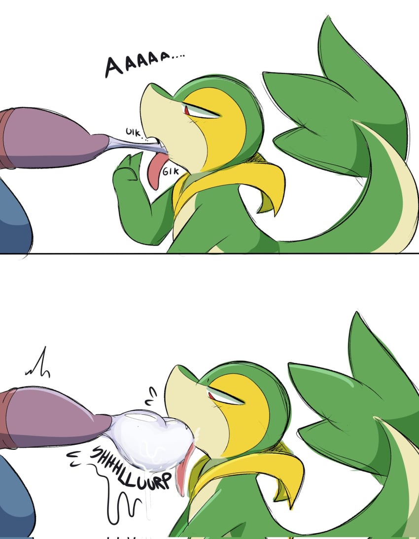 anthro condom condom_play fellatio filled_condom filled_condom_pullout generation_4_pokemon green_skin lucario nintendo oral pokemon pokemon_(species) pokephilia snivy spicykiwi text