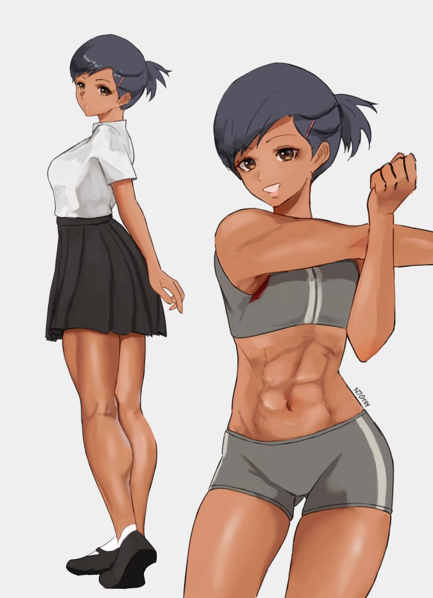 1girls abs atlus grin muscular muscular_female n7grey persona persona_3 school_uniform solo sports_bra stretching tomboy yuko_nishiwaki