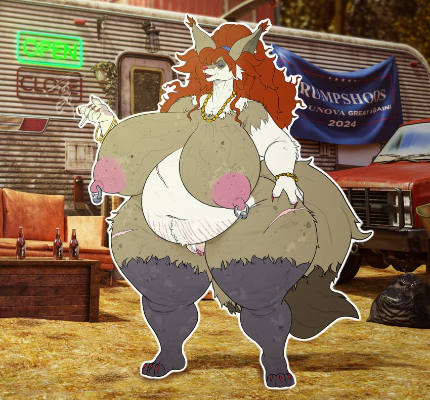 accessory alcohol anthro ass beer beverage big_breasts big_butt bottomwear breasts canid canine catherine_dousewood_(ms) claws clothing colored_nails delphox ear_hair eyewear fakemon female footwear fur generation_6_pokemon grey_body grey_fur hair hi_res hick huge_breasts huge_butt human humanoid hyper hyper_breasts hyper_butt light_truck mammal mature_female messy_hair mobile_home nails nintendo nipple_piercing nipples nude nude_anthro nude_female obese obese_female overweight overweight_anthro overweight_female pants paradox_delphox paradox_pokemon pickup_truck piercing pokemon pokemon_(species) recreational_vehicle red_eyes red_hair red_nails redneck republican scar shoes shorts solo stereotype sunglasses swimwear tail thick_thighs trailer_(vehicle) trailer_park trailer_trash truck vehicle vein vintagart white_trash yellow_sclera