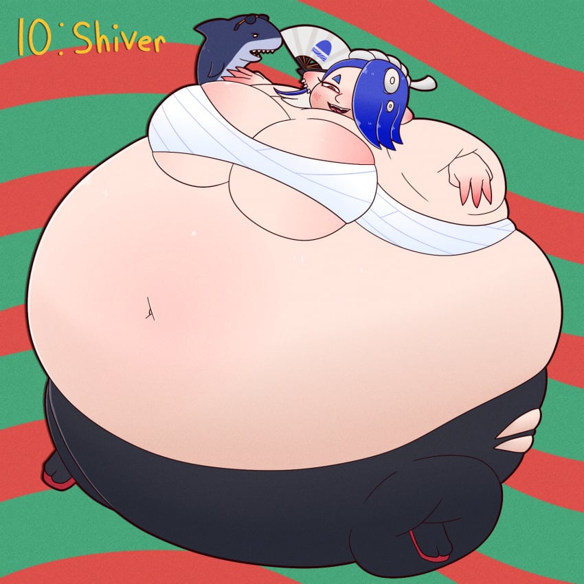 black_legwear black_pants blue_hair exposed_belly hedgehogstew hyper_inflation inflation inflation_fetish nintendo octoling octoling_girl ornament red_eyes shiver_(splatoon) splatoon splatoon_3 white_skin