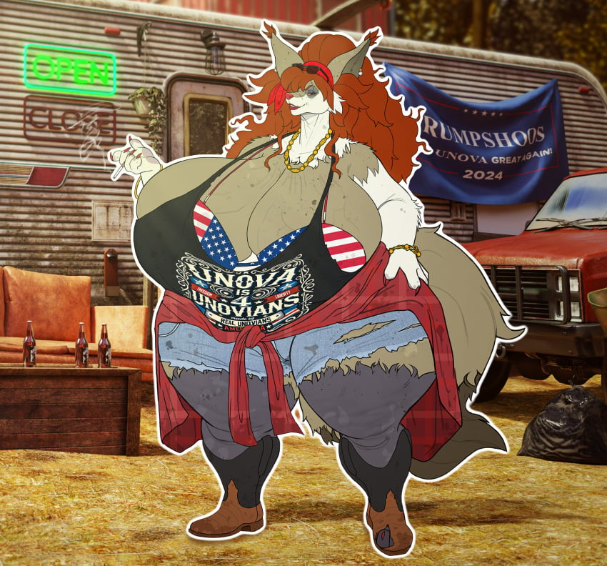 accessory alcohol american_flag_bikini anthro ass beer beverage big_breasts big_butt bikini boots bottomwear breasts canid canine catherine_dousewood_(ms) clothing delphox eyewear fakemon female flag_bikini flannel_shirt footwear fur generation_6_pokemon grey_body grey_fur hair headband hi_res hick huge_breasts huge_butt human humanoid hyper hyper_breasts hyper_butt light_truck mammal mature_female messy_hair mobile_home nintendo obese obese_female overweight overweight_anthro overweight_female pants paradox_delphox paradox_pokemon pickup_truck pokemon pokemon_(species) recreational_vehicle red_eyes red_hair redneck republican shoes shorts solo stereotype sunglasses swimwear tail thick_thighs torn_bottomwear torn_clothing torn_pants trailer_(vehicle) trailer_park trailer_trash truck two-piece_swimsuit vehicle vein vintagart white_trash yellow_sclera