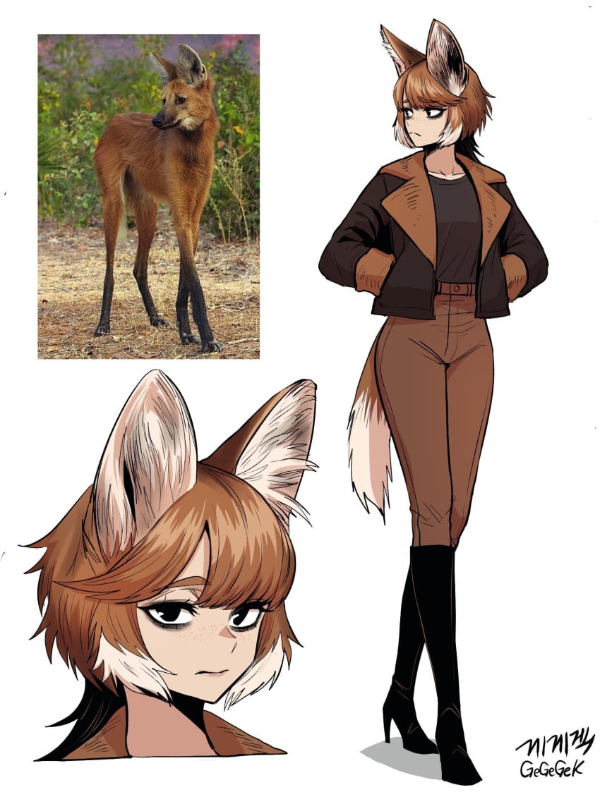 artwork_(digital) black_high_heels brown_hair brown_jacket brown_pants female furry_female humanoid jacket maned_wolf wolf_tail