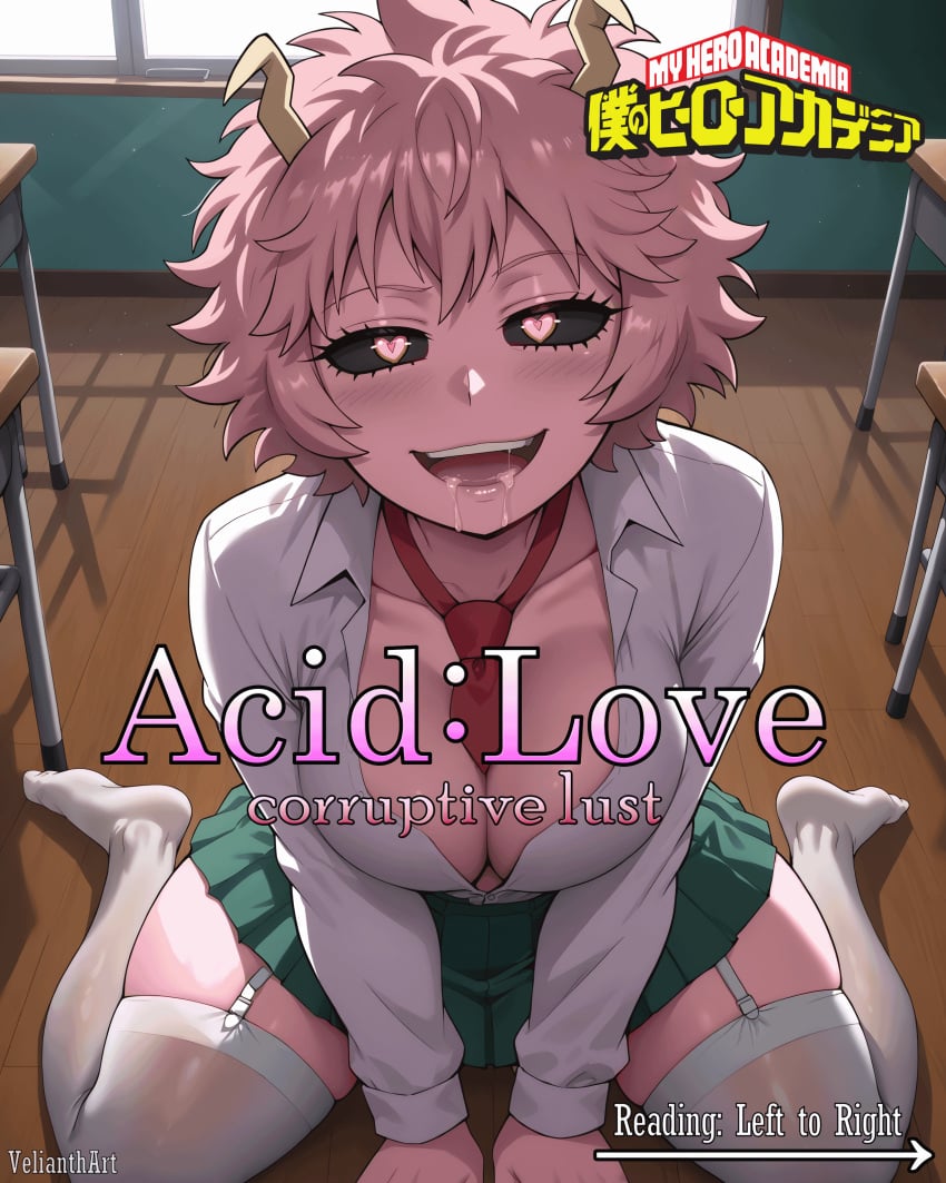 1boy :d artist_name ashido_mina bangs blush breasts character_name cleavage collarbone comic comic_cover cover cover_page doujin_cover dress_shirt drooling english_text eyebrows_visible_through_hair fangs feet female from_above garter_straps green_skirt heart heart-shaped_pupils hentai horns indoors kneeling large_breasts leash long_sleeves looking_at_viewer manga medium_breasts messy_hair no_bra no_shoes open_clothes open_mouth open_shirt patreon_username pink_hair pink_skin pleated_skirt pov rating red_neckwear saliva school_uniform shirt short_hair sitting skirt smile solo symbol-shaped_pupils teeth thighhighs tongue tongue_out u.a._school_uniform velianthart wariza watermark web_address white_legwear white_shirt window yellow_eyes