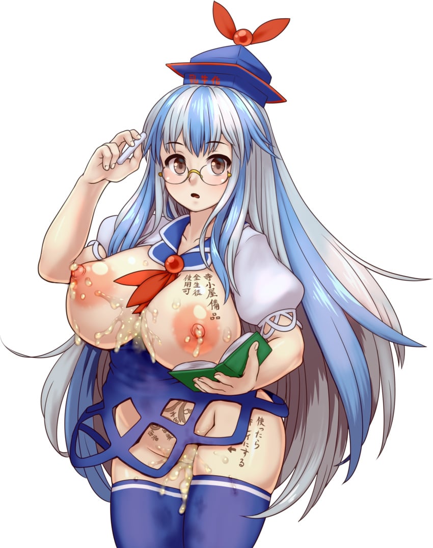 body_writing breasts cum_on_body d.koutya glasses keine_kamishirasawa large_breasts pussy revealing_clothes tagme thighhighs touhou transparent_background