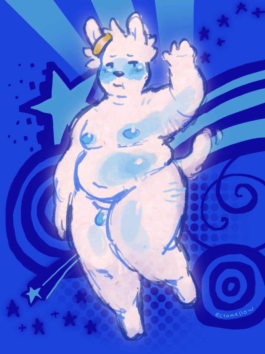 anthro belly blush breasts canid canine detailed_background ecto_(ectomellow) ectomellow frutiger_metro fur genitals hair hi_res male mammal nipples nude overweight overweight_anthro overweight_male penis raised_arm small_penis solo star stretch_marks tail thick_thighs white_body white_fur white_hair