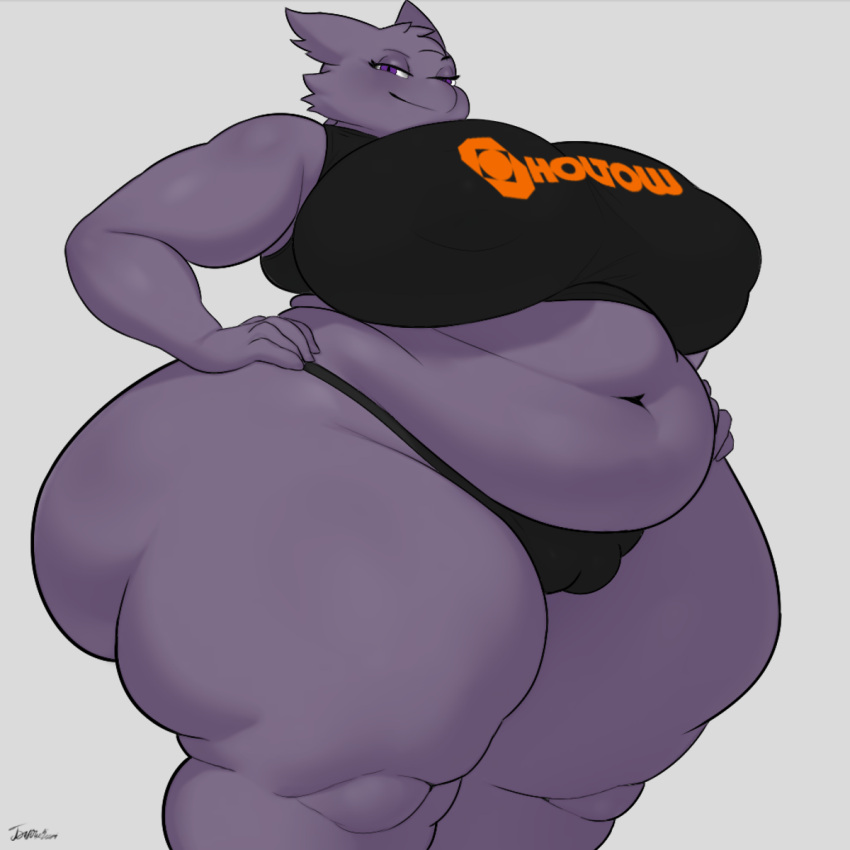 anthro ass bayushkit belly big_belly big_breasts big_butt breasts camel_toe clothing female fur generation_1_pokemon gengar hands_on_hips hi_res huge_breasts huge_butt huge_thighs nintendo overweight pokemon pokemon_(species) purple_body purple_eyes purple_fur solo thick_thighs tight_clothing