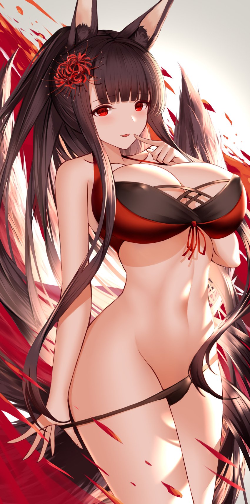 absurdres akagi_(azur_lane) akagi_(paradise_amaryllis)_(azur_lane) an_yasuri animal_ear_fluff animal_ears azur_lane bare_arms bare_shoulders bikini bikini_pull black_bikini breasts brown_hair cleavage clothes_pull collarbone cowboy_shot female female_focus finger_to_mouth fire flower fox_ears fox_girl fox_tail groin hair_flower hair_ornament halterneck highres large_breasts long_hair looking_at_viewer mismatched_bikini multiple_tails navel parted_lips ponytail red_bikini red_eyes red_flower smile solo spider_lily standing stomach swimsuit tail very_long_hair