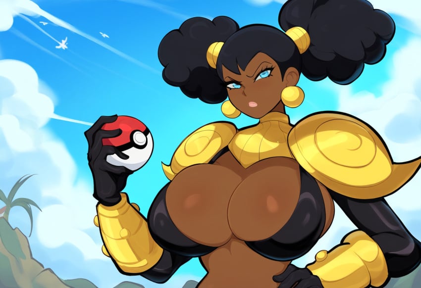 1girls afro ai_generated breasts_bigger_than_head dark-skinned_female dark_skin day huge_breasts large_breasts mullon nameless_character novelai original_character poke_ball pokemon