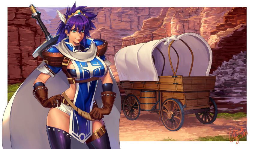 1girls armor breasts clothed eye_contact female frame gloves hands_on_hips looking_at_viewer ogami outdoors purple_hair smile solo standing sword text thigh_gap watermark white_border wide_hips