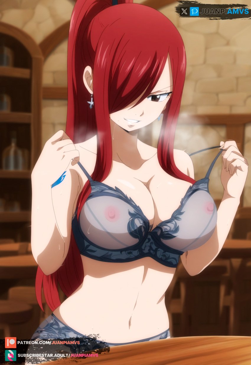 ai_generated big_breasts brown_eyes erza_scarlet fairy_tail fairy_tail_100_years_quest female juanpiamvs lingerie lingerie_only long_hair nipples patreon patreon_username ponytail red_hair subscribestar subscribestar_username tied_hair watermark