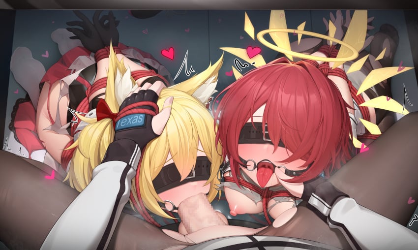 1futa 2girls absurdres animal_ear_fluff animal_ears arknights arms_behind_back artist_collaboration black_blindfold black_gloves black_pantyhose blindfold blonde_hair bondage breasts censored commentary detached_wings exusiai_(arknights) fellatio female fingerless_gloves futa_on_female futa_with_female futanari futanari_pov gag gagged gloves group_sex halo heart highres large_variant_set long_sleeves master117 medium_breasts mosaic_censoring multiple_girls nipples open_mouth oral pantyhose penis pov pov_crotch pov_hands red_hair ring_gag short_hair smlltb sora_(arknights) testicles texas_(arknights) threesome tongue tongue_out torn_clothes torn_pantyhose under_the_table variant_set wings wolf_ears wolf_girl yellow_halo