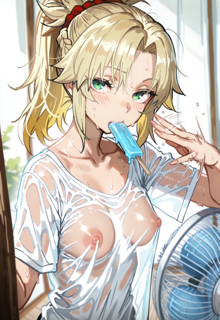 2d ai_assisted ai_generated blonde_hair breasts fate/apocrypha fate/grand_order fate_(series) food green_eyes hi_res hot_spring ice_cream icosilveraiart long_hair looking_at_viewer mordred_(fate) mordred_(fate/apocrypha) mouth_hold nipples parted_bangs ponytail see-through see-through_clothing see-through_shirt see-through_top self_upload sidelocks small_breasts solo sweawet tagme