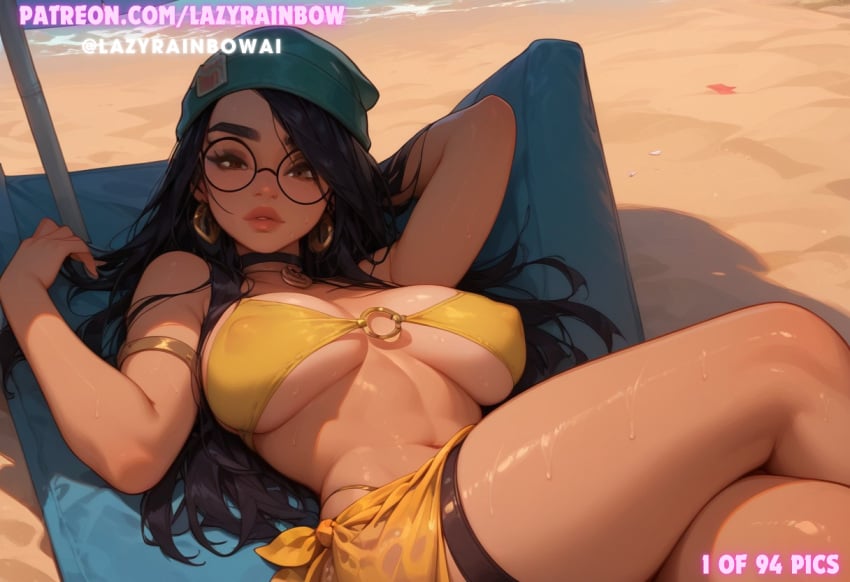 ai_assisted ai_generated beach bikini crossed_legs hi_res killjoy_(valorant) lazyrainbow riot_games sadtomato sunset sweat valorant