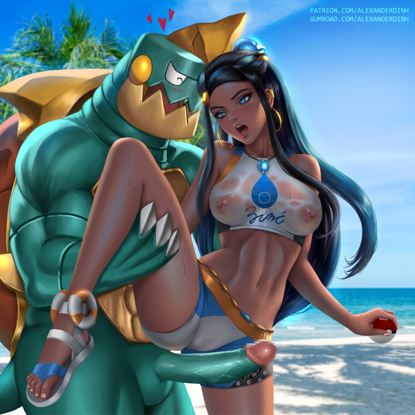 1boy 1girls abs absurdres alexander_dinh anthro anthrofied areolae ass breasts censored dark-skinned_female dark_skin drednaw erection female highres huge_penis male nessa_(pokemon) nipples open_toe_shoes penis pokemon pokemon_ss scalie spread_legs