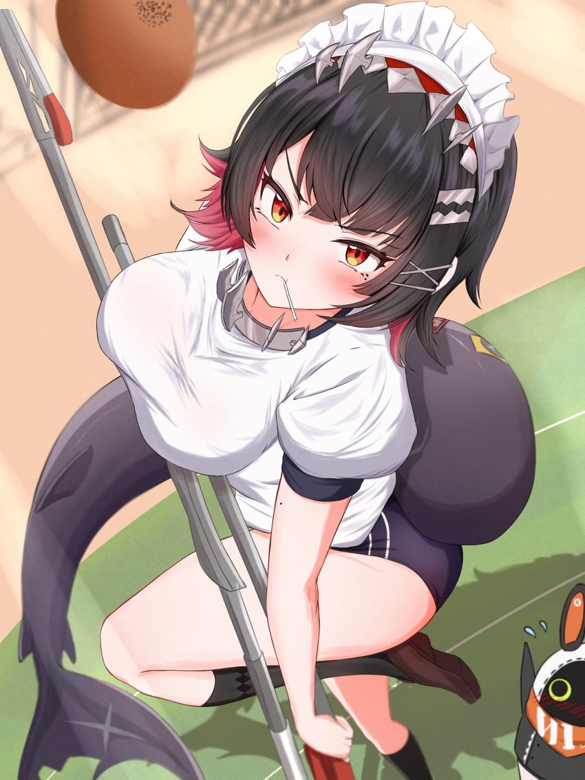 1girls aresiasitennou big_breasts big_thighs black_and_pink_hair black_hair blush breasts buruma cleavage clothed clothing color colored dodgeball ellen_joe female female_focus female_only knee_highs knee_socks kneehighs kneesocks large_breasts large_thighs lolipop maid maid_headdress mole mole_on_arm multicolored_hair pout pouting red_eyes school_uniform schoolgirl schoolgirl_uniform shark shark_girl shark_humanoid shark_tail shoes short_hair shorts solo tagme zenless_zone_zero