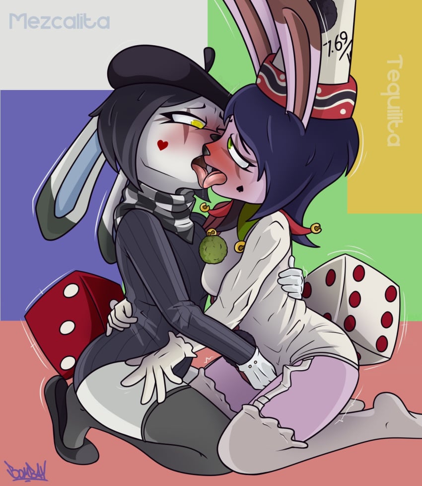 anthro bombay_(artist) clothing clown duo female female/female fool's_hat french_kissing hat headgear headwear hi_res incest_(lore) kissing lagomorph mammal mexcalita_(bombay) mime rubbing_pussy sibling_(lore) sister_(lore) sisters_(lore) tagme tequilita_(bombay) tongue tongue_out