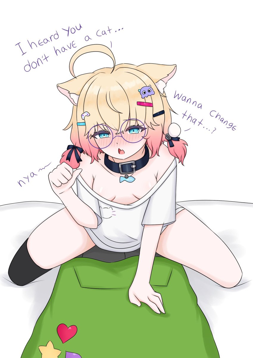 1boy belt_collar blonde_hair blue_eyes catgirl collar duo english_text female female_on_top glasses gradient_hair hair_accessory higher_resolution_duplicate looking_at_viewer male_on_bottom minikomew nya off_shoulder pet_collar pink_hair pov small_breasts szpecter t-shirt talking_to_partner talking_to_viewer twintails vedal987 white_background