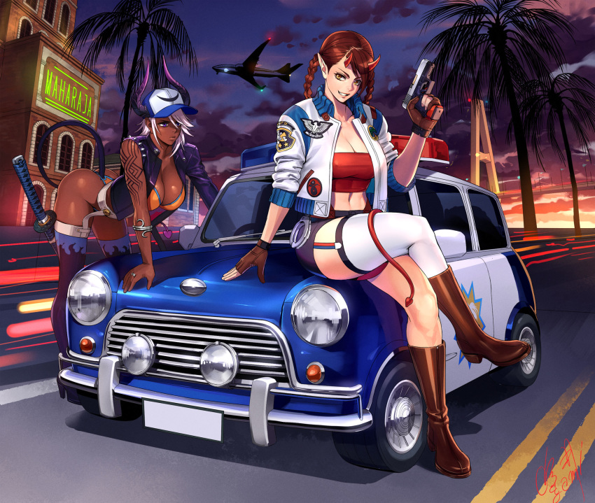 2girls bent_over car cleavage dark-skinned_female demon_girl grin katana night ogami outdoors palm_tree pistol plane police_car policewoman sky tail twin_braids