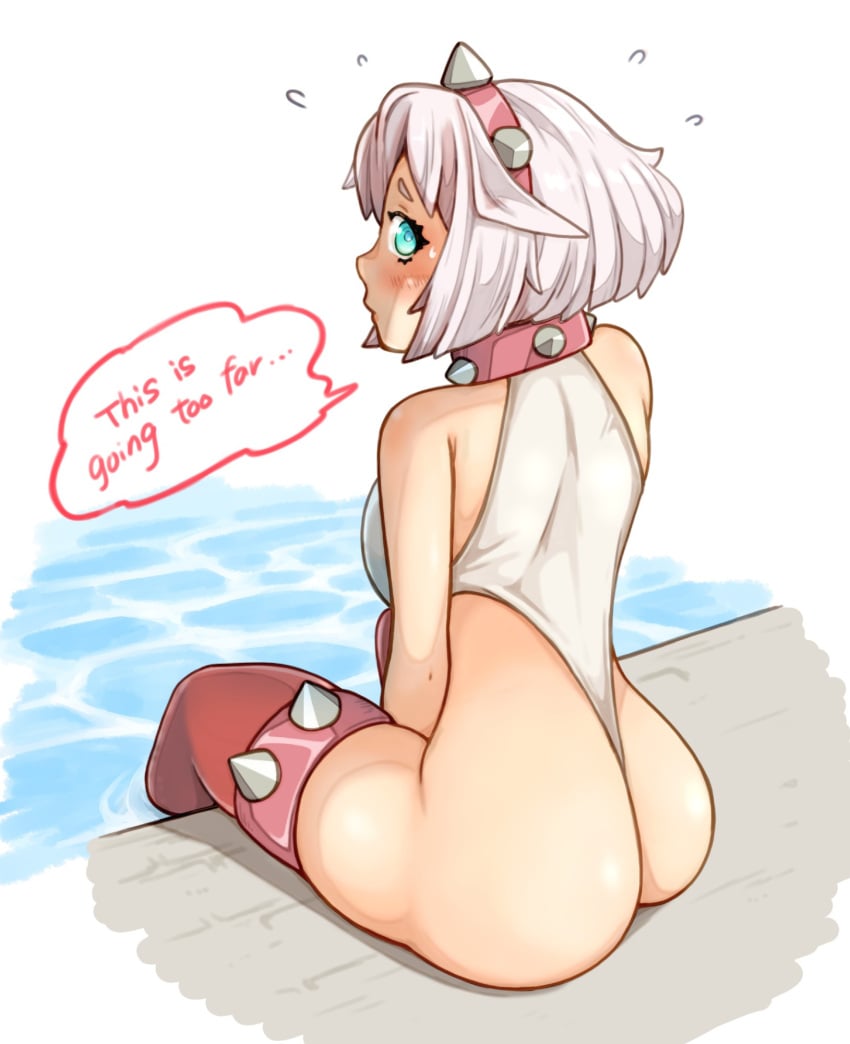 arc_system_works ass elphelt_valentine guilty_gear guilty_gear_strive looking_back poolside sitting speech_bubble sugag thigh_highs