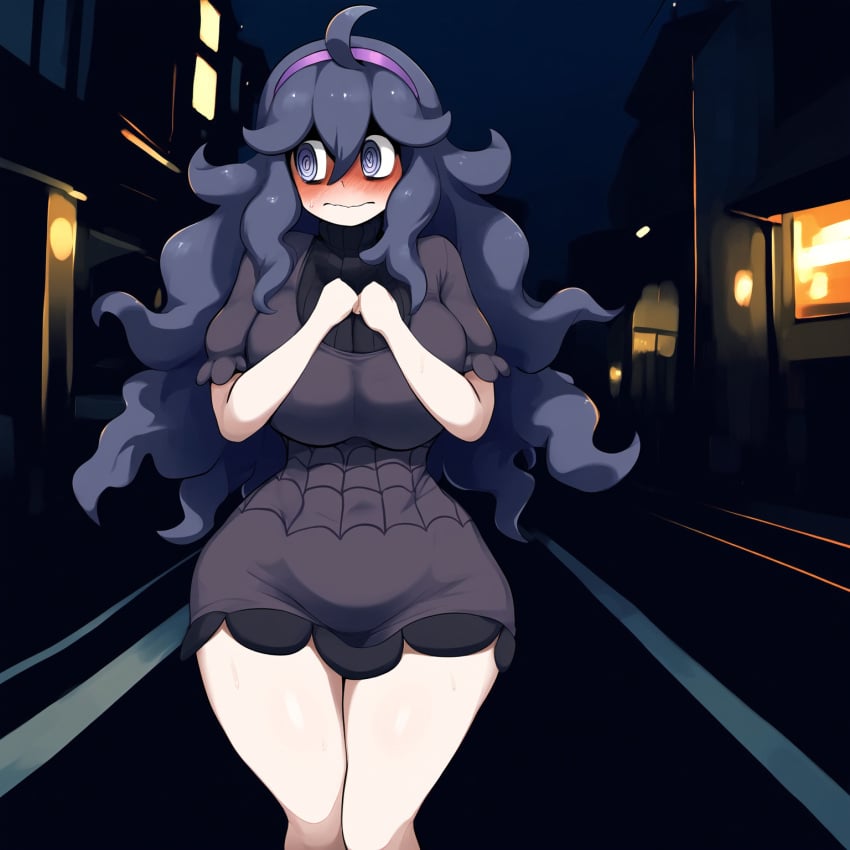 ai_generated alley blush dress embarrassed full_body hands_together hex_maniac huge_breasts looking_away messy_hair nervous night novelai pokemon pokemon_xy purple_eyes purple_hair short_skirt short_sleeves tgm101_(artist) thick_thighs thin_waist very_long_hair wide_hips