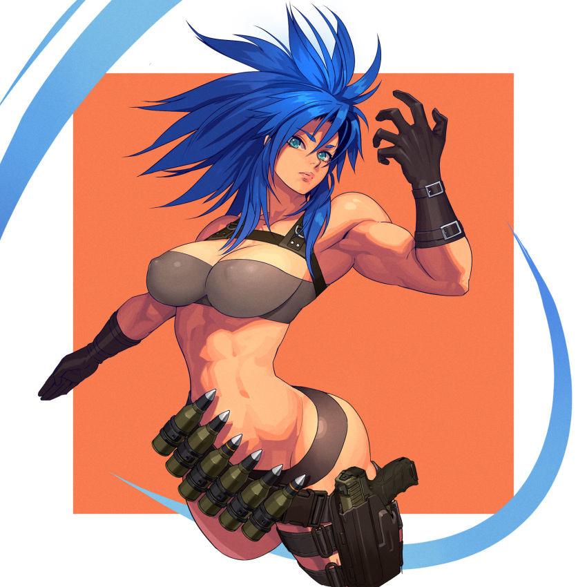 abstract_background armpits blue_hair cleavage female gloves medium_breasts muscular_female ogami pistol pose solo thigh_holster