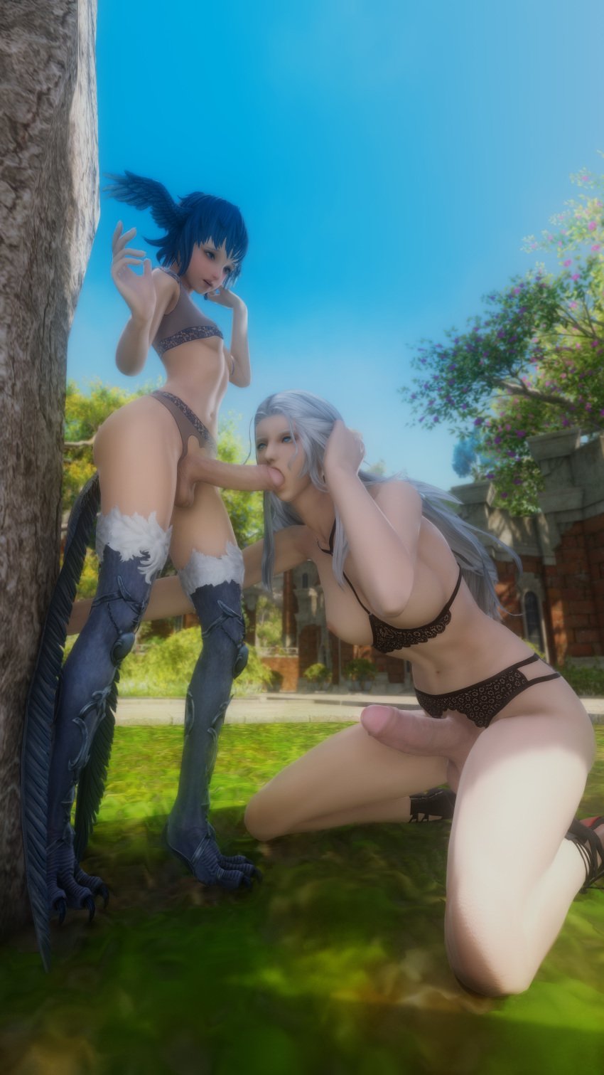 2futas 3d ascian ballsack erection exhibitionism fellatio final_fantasy final_fantasy_xiv futa_on_futa futa_only hi_res kyubisan lingerie looking_at_partner meteion outside see-through see-through_lingerie venat_(ffxiv)