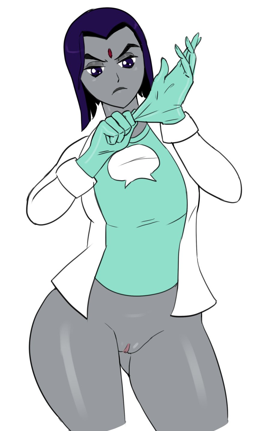 adjusting_gloves dentist doctor gloves guillion_(toshkarts) labcoat latex_gloves no_panties no_pants nurse raven_(dc) tagme teen_titans