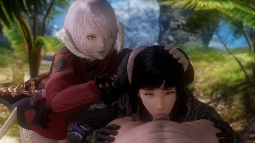 1boy 2girls 3d au_ra deepthroat fellatio femdom ffm_threesome final_fantasy final_fantasy_xiv hand_on_face hi_res hyur kyubisan ninja