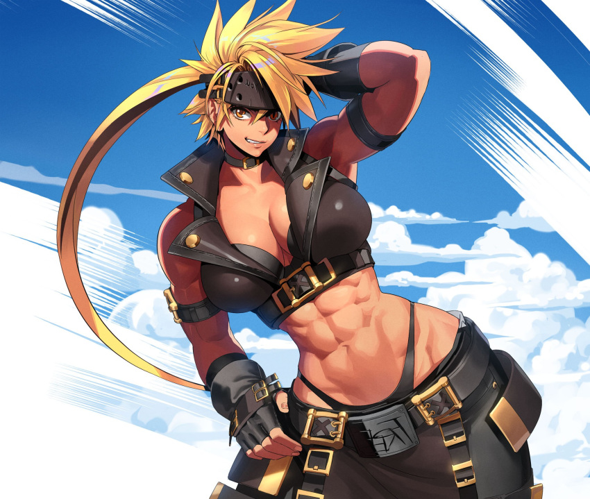 abs cleavage genderswap genderswap_(mtf) grin guilty_gear hand_on_hip large_breasts long_hair looking_at_viewer muscular_female ogami one_arm_up rule_63 sky sol_badguy