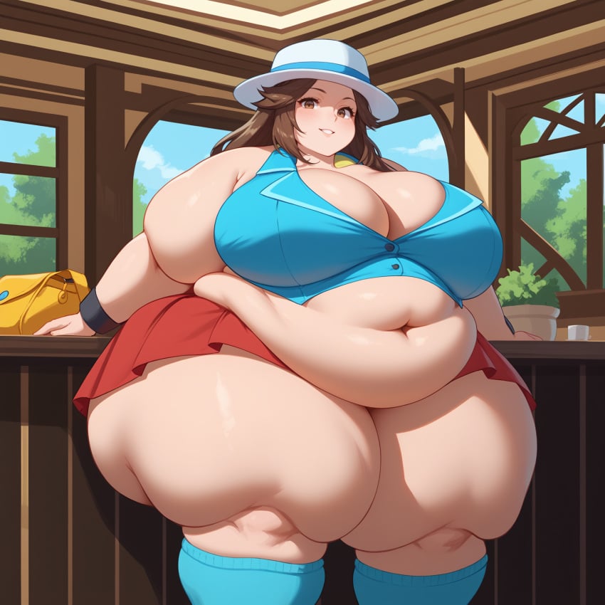 ai_generated belly breasts leaf_(pokemon) obese obese_female pokemon pokemon_rgby pokemon_trainer thick_thighs