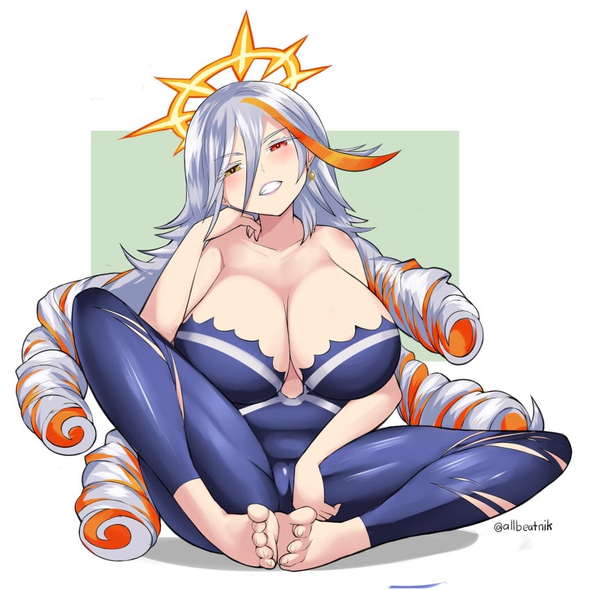 allbeatnik baldr_(fire_emblem_heroes) bare_shoulders barefoot cleavage fire_emblem fire_emblem_heroes hand_on_face heterochromia large_breasts lipstick looking_at_viewer orange_eyes orange_hair sitting white_hair yellow_eyes