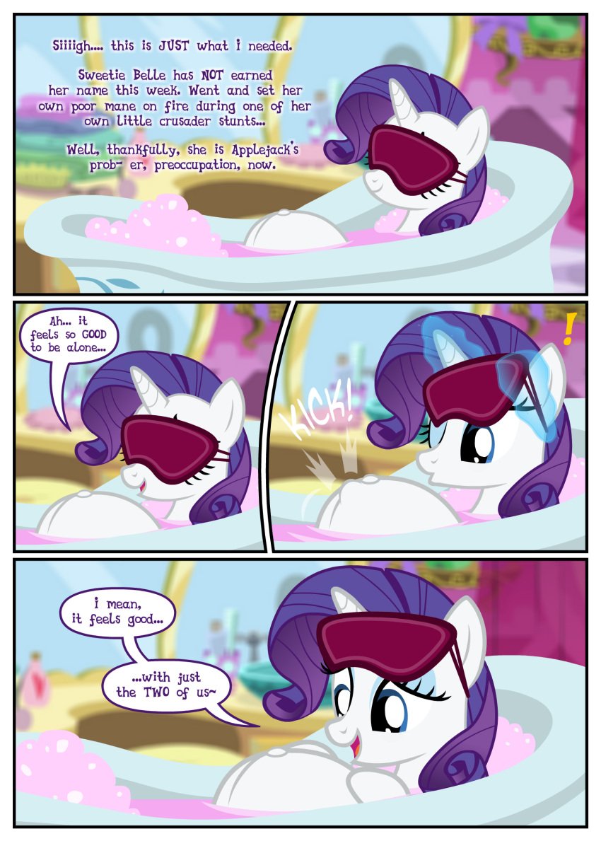 4_panel_comic bathroom bathtub belly belly_button big_belly bubble bubble_bath comic comission cute dialogue emanata exclamation_point fanfic fanfic:short_stories_with_pregnant_ponies fanfic_art female flashequestria hooves_on_belly horn indoors kicking looking_at_belly looking_at_self looking_at_someone lying_down magic magic_aura mare my_little_pony on_back outie_belly_button partially_submerged pony pregitty pregnant rarity_(mlp) sensibly-proportional_pregnancy show_accurate sleep_mask solo story_included talking_to_self telekinesis text unicorn