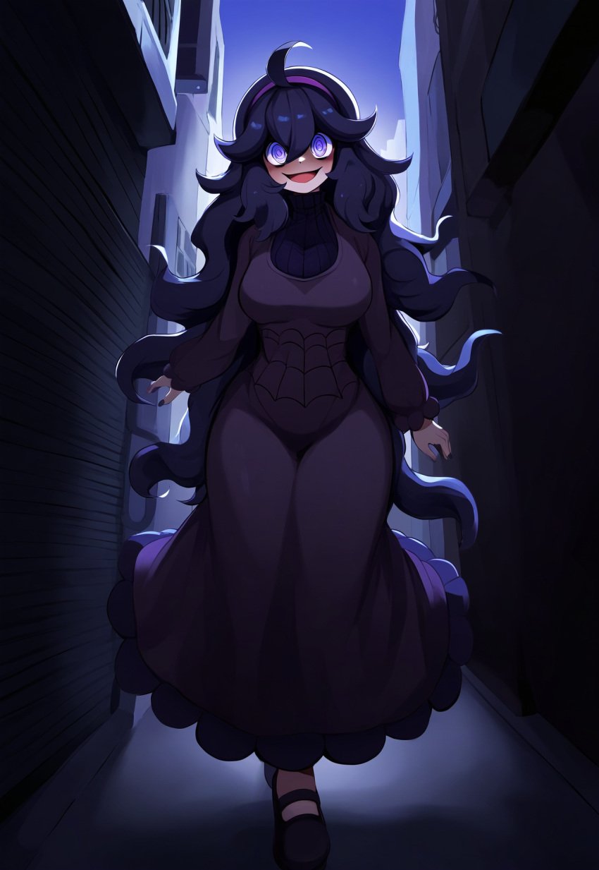 ai_generated alley creepy dress full_body hex_maniac long_dress messy_hair night novelai pokemon pokemon_xy purple_eyes purple_hair smile tgm101_(artist) very_long_hair