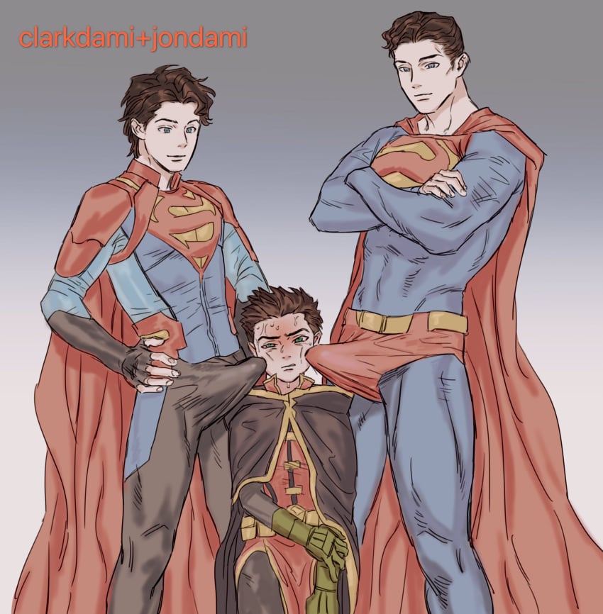 age_difference alien alien/human alien_boy alien_humanoid best_friends big_penis blush blushing_male bulge bulge_in_face bulge_rubbing bulge_through_clothing bulge_under_clothes clark_kent clothed clothing damian_wayne dc dc_comics digital_media_(artwork) domination erection erection_under_clothes erection_under_clothing father_and_son gay gay_sex huge_cock imminent_penetration imminent_sex jon-el jonathan_kent kal-el looking_at_another looking_at_partner male male/male male/male/male male_on_bottom robin_(damian_wayne) robin_(dc) rubbing rubbing_penis seductive seductive_pose size_difference submissive_male superboy superboy_(jonathan_kent) superman superman_(clark_kent) supersons sweating sweaty_face threesome yaooor